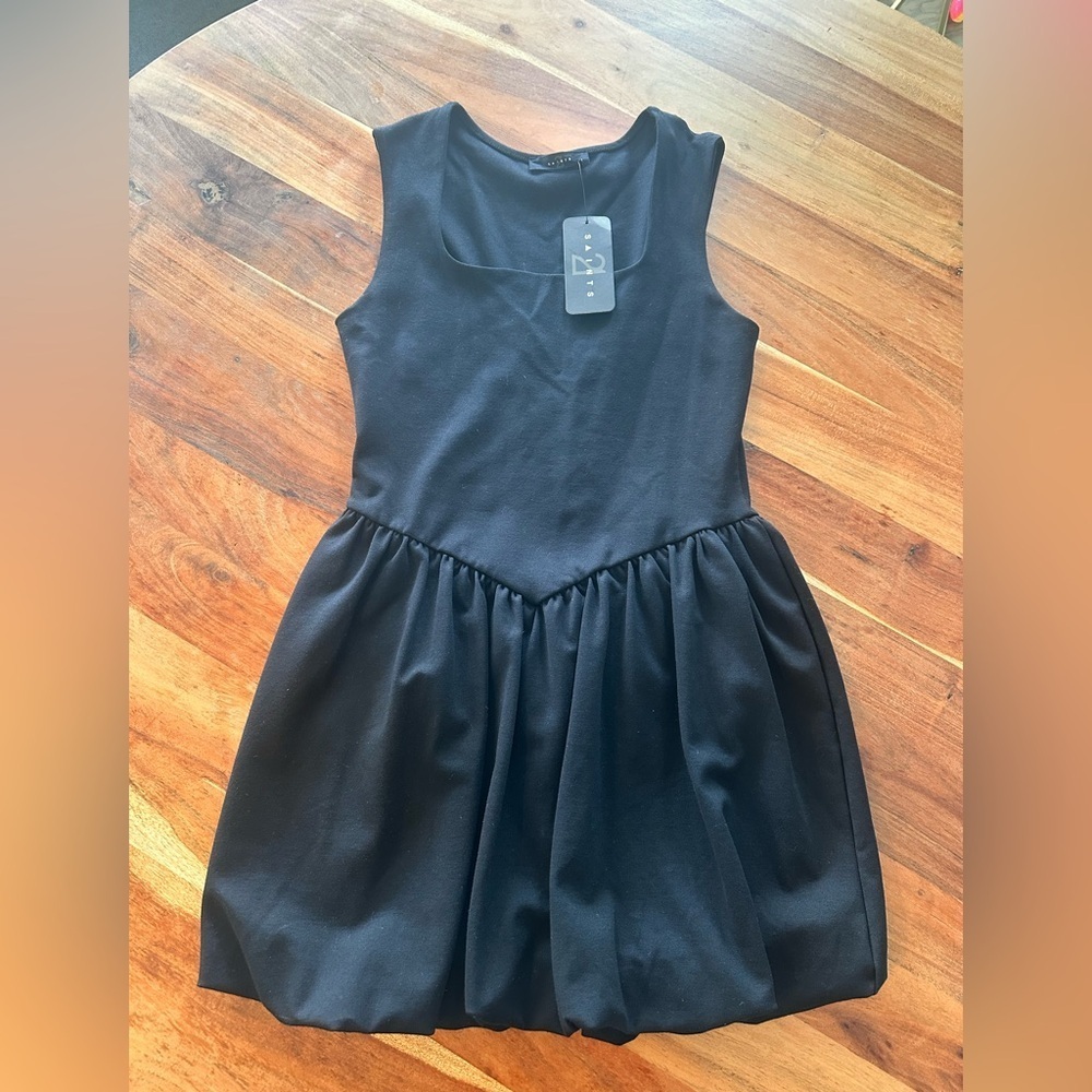 21 Saints Square Neck Bubble Hem Black Dress for Women